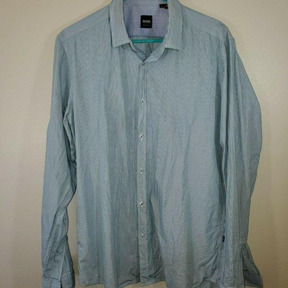Hugo Boss Size Large Shirt Blue White Striped